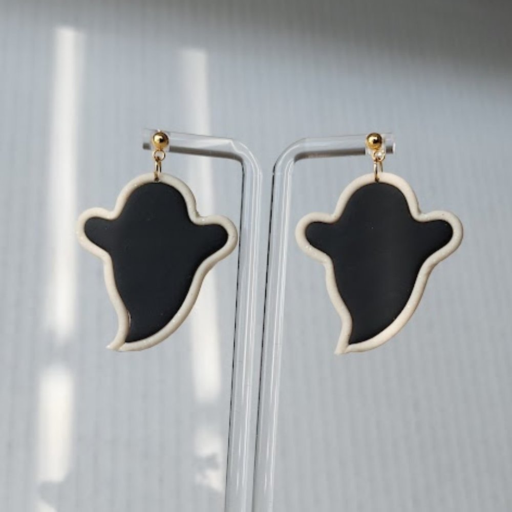 GHOSTS Black white shape Outline Light shimmer Polymer clay earrings 2"